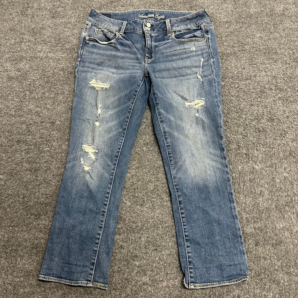 American Eagle Jeans Womens Size 12 Blue Distressed Stretch Regular Fit Denim